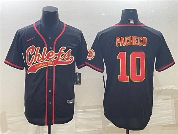 Men's Kansas City Chiefs #10 Isiah Pacheco Black With Patch Cool Base Stitched Baseball Jersey